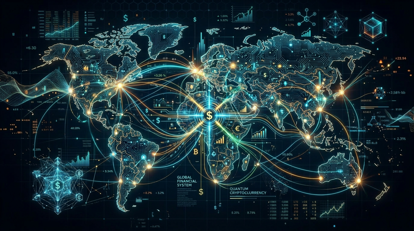 World map showing interconnected financial transactions and cryptocurrency networks linking major global cities